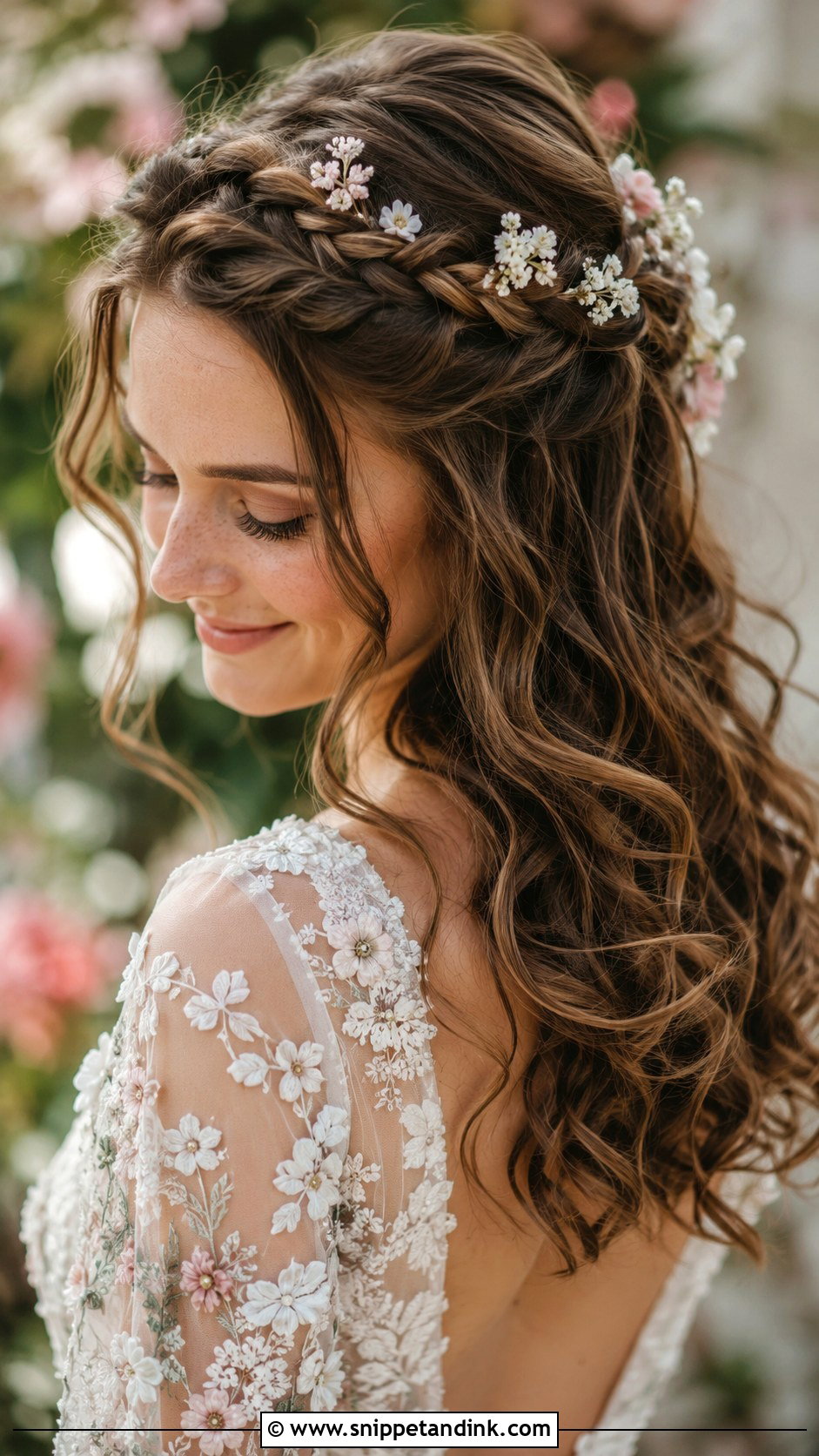 Half Up Halo Braid with Curls - Snippet and Ink - 25 Medium Length Half-Up Bridal Hair Ideas