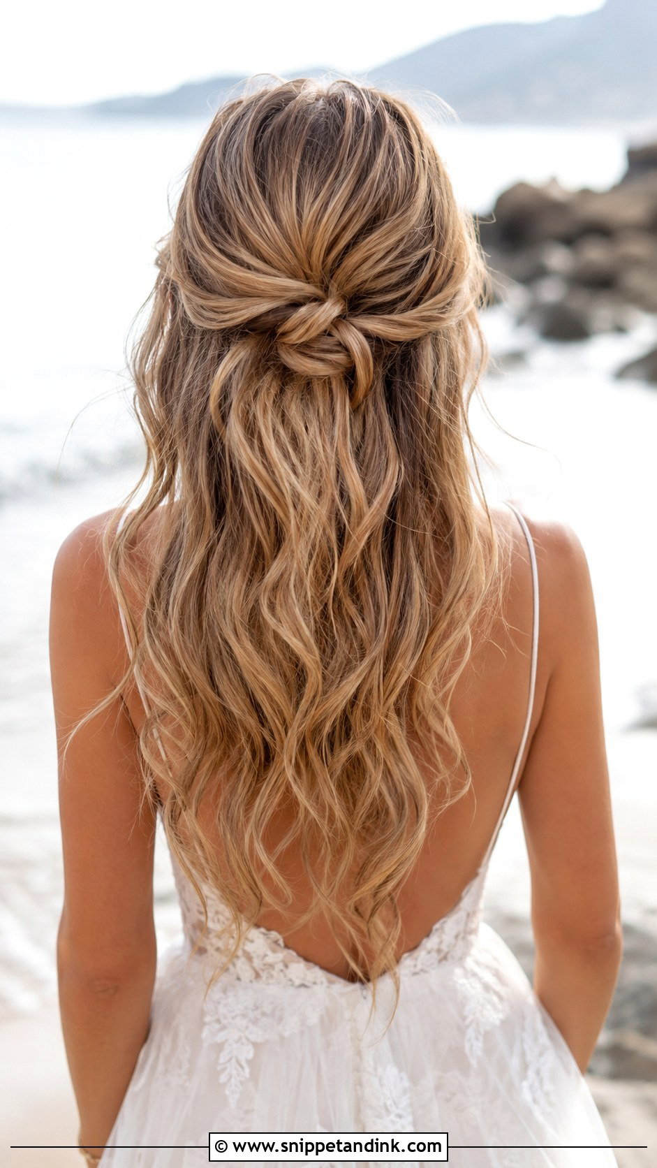 Half Up Knot With Textured Waves - Snippet and Ink - 20 Mid Length Bridal Half-Up Half-Down Hair Ideas