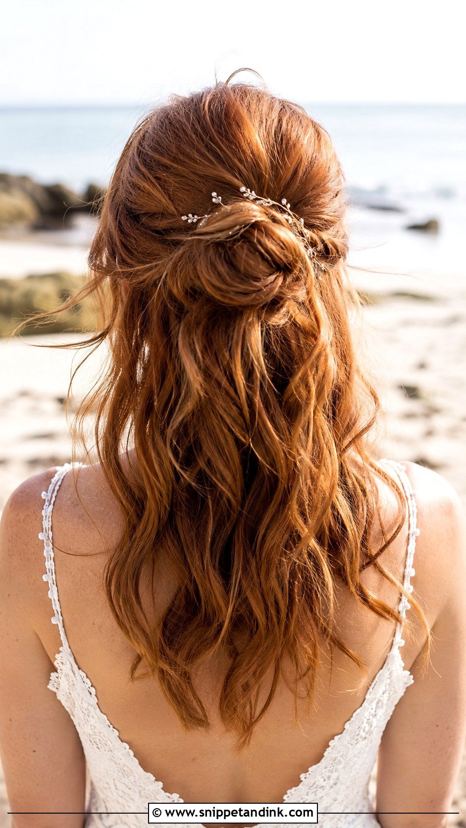 Half Up Knot With Tousled Waves - Snippet and Ink - 20 Medium Length Wedding Half-Up Half-Down Ideas