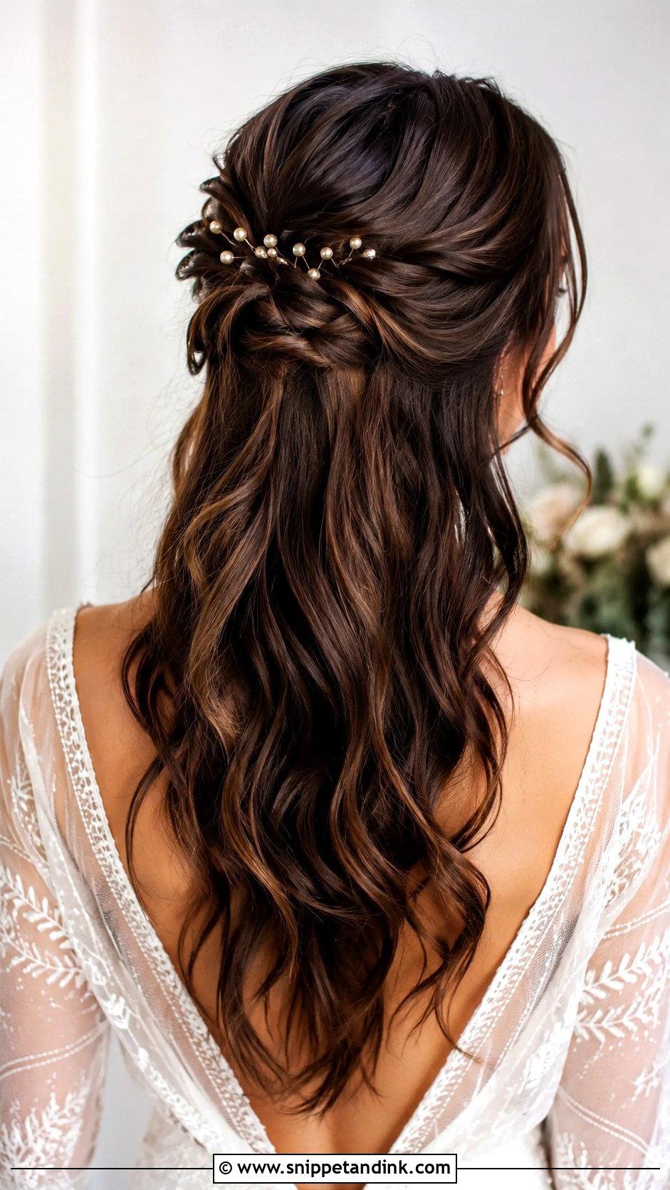 Half Up Knotted Style for Dark Hair - Snippet and Ink - 20 Brunette Half-Up Bridal Hair Ideas