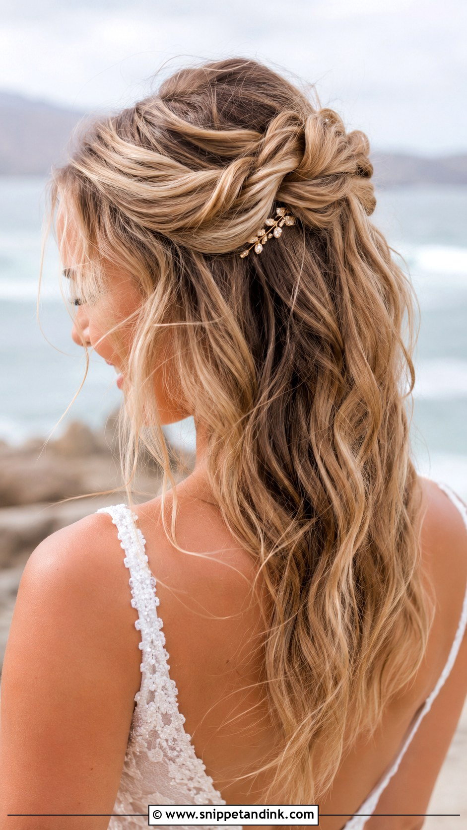 Half Up Knotted Updo With Beach Waves - Snippet and Ink - 25 Long Half-Up Half-Down Wedding Hair Ideas