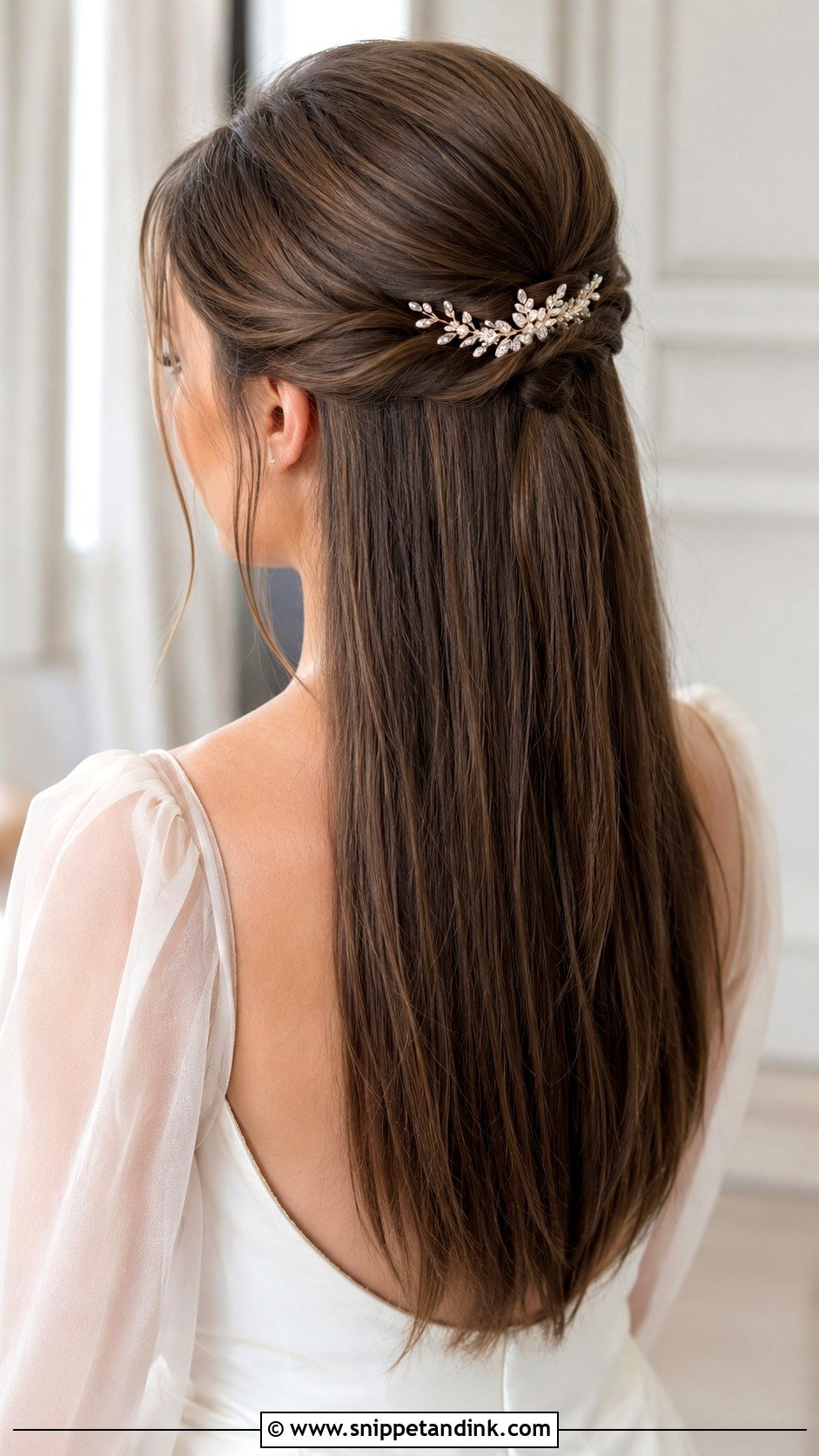 Half Up Long Straight Wedding Hair - Snippet and Ink - 15 Long Straight Wedding Hair Ideas