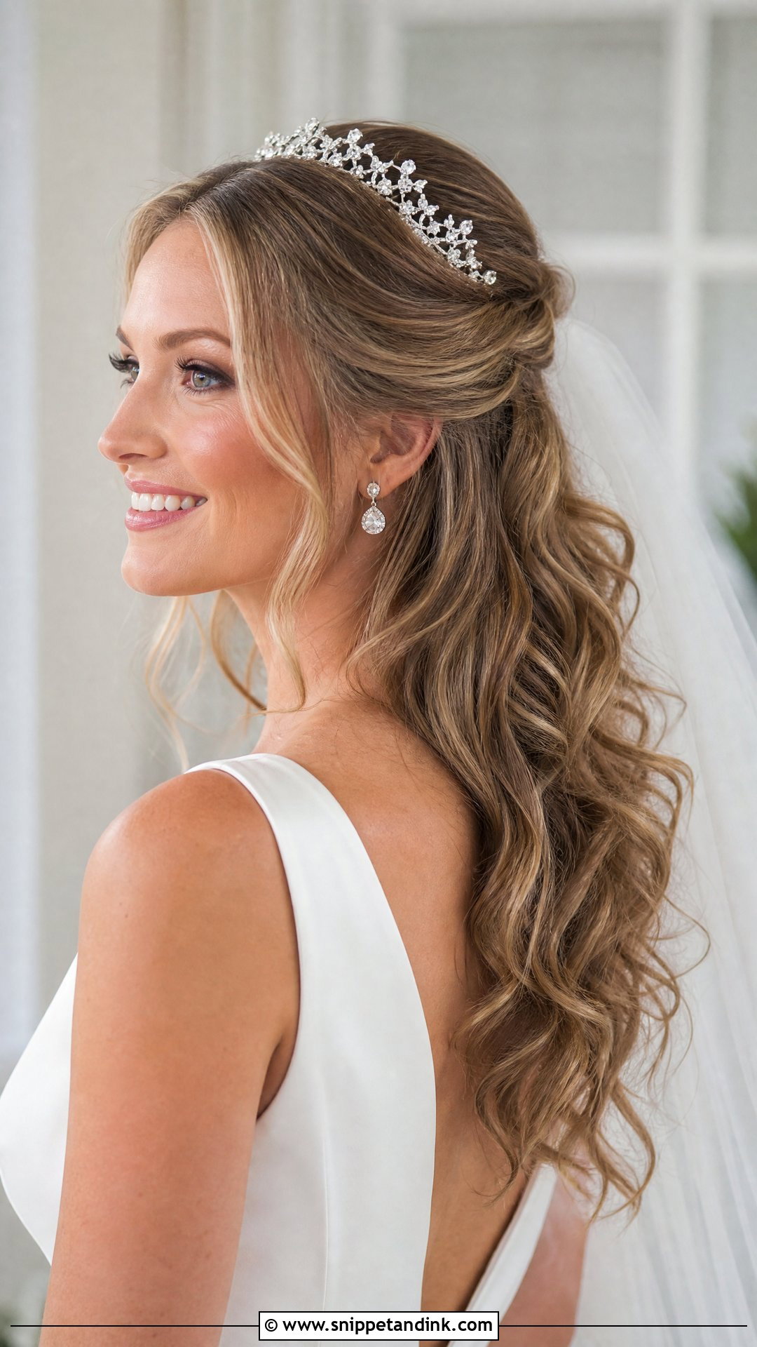 Half Up Loose Curls With Tiara - Snippet and Ink - 20 Clip in Hair Extensions Styles Half-Up Down Wedding Hairstyles