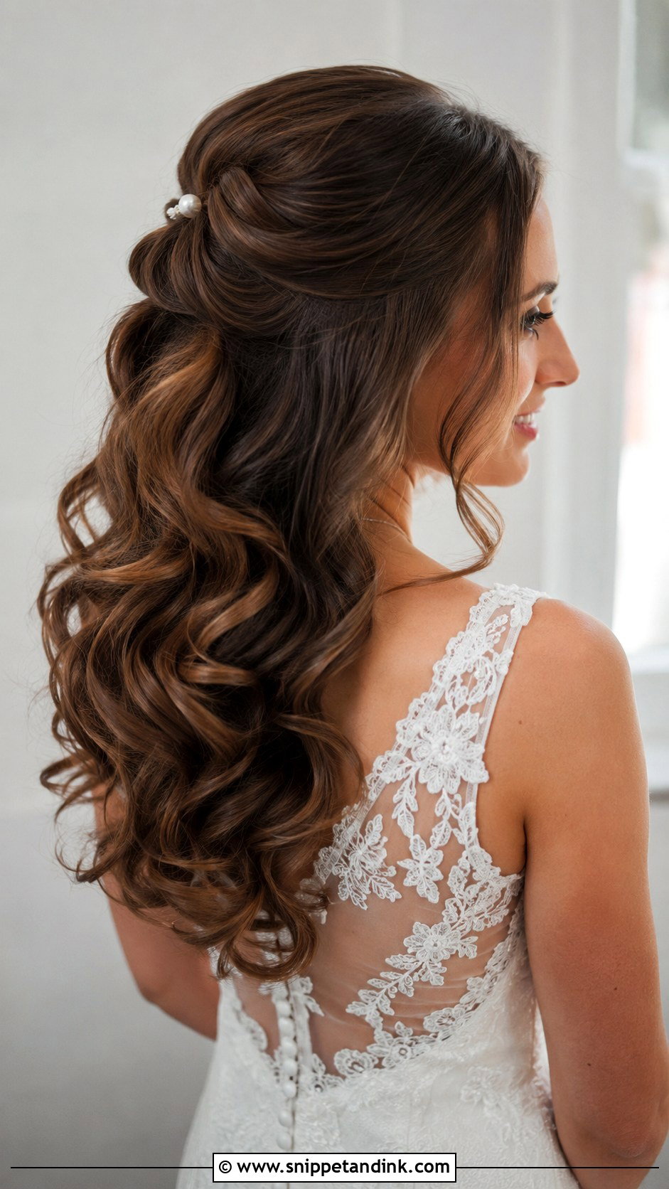 Half Up Loose Curls for Brunette Brides - Snippet and Ink - 20 Brunette Half-Up Bridal Hair Ideas
