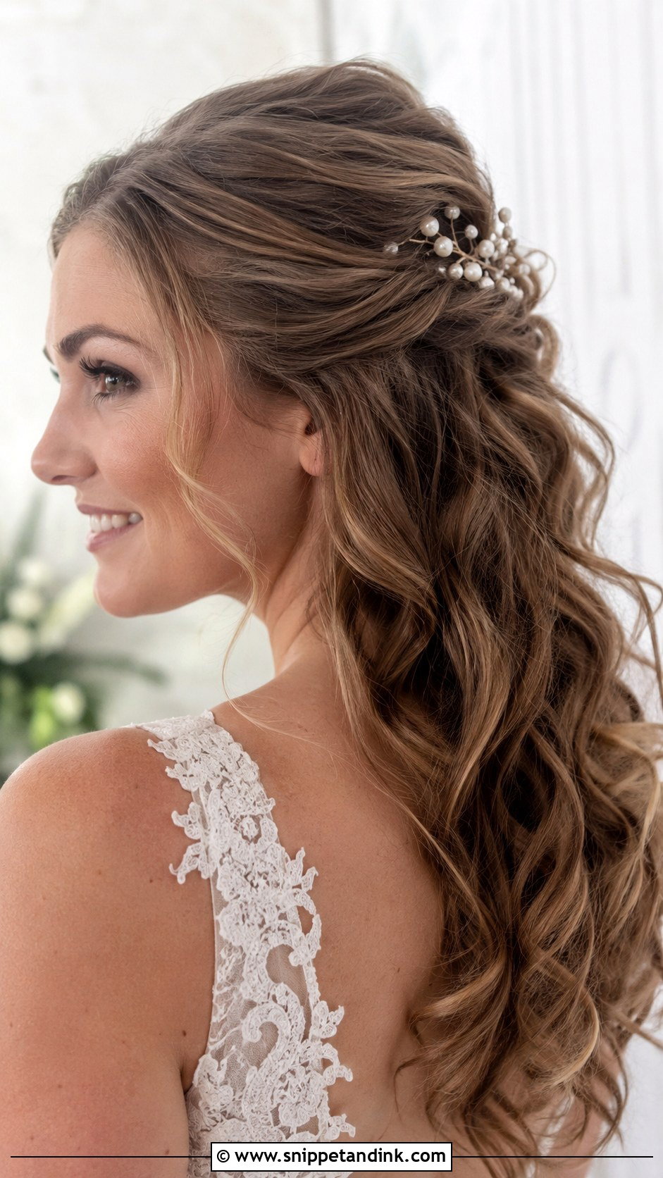 Half Up Loose Waves With Pearl Pins - Snippet and Ink - 20 Shoulder Length Half-Up Half-Down Wedding Hair Ideas