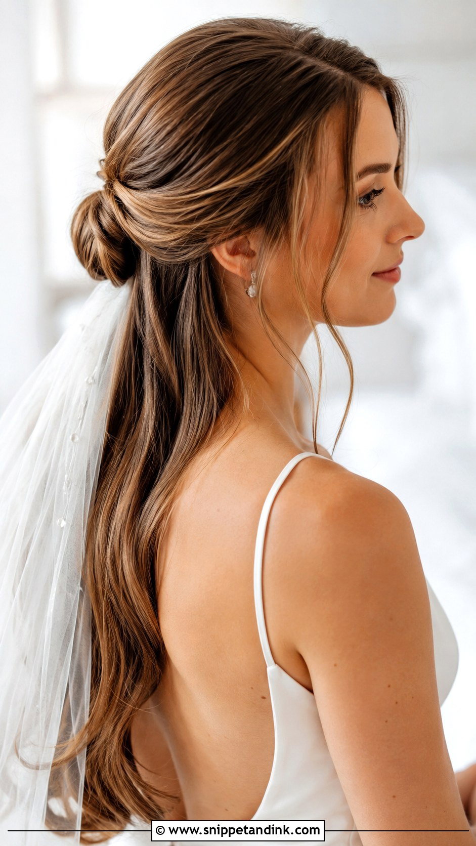 Half Up Low Bun With Loose Strands - Snippet and Ink - 25 Sleek Half-Up Half-Down Wedding Hair Ideas
