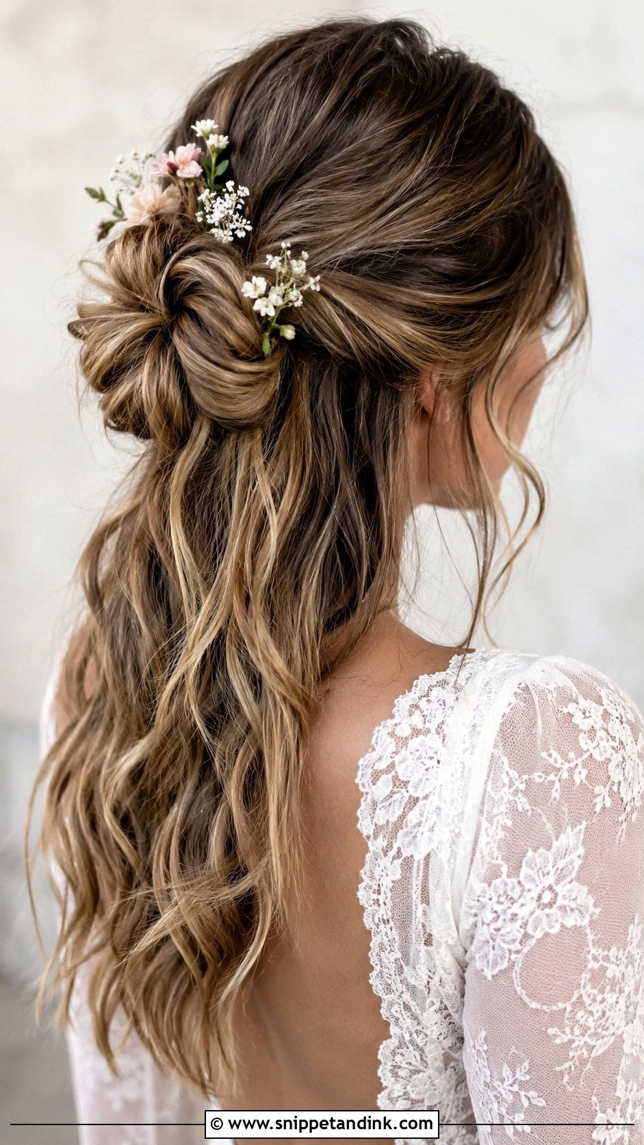 Half Up Low Bun - Snippet and Ink - 25 Loose Low Bun Wedding Hair Ideas