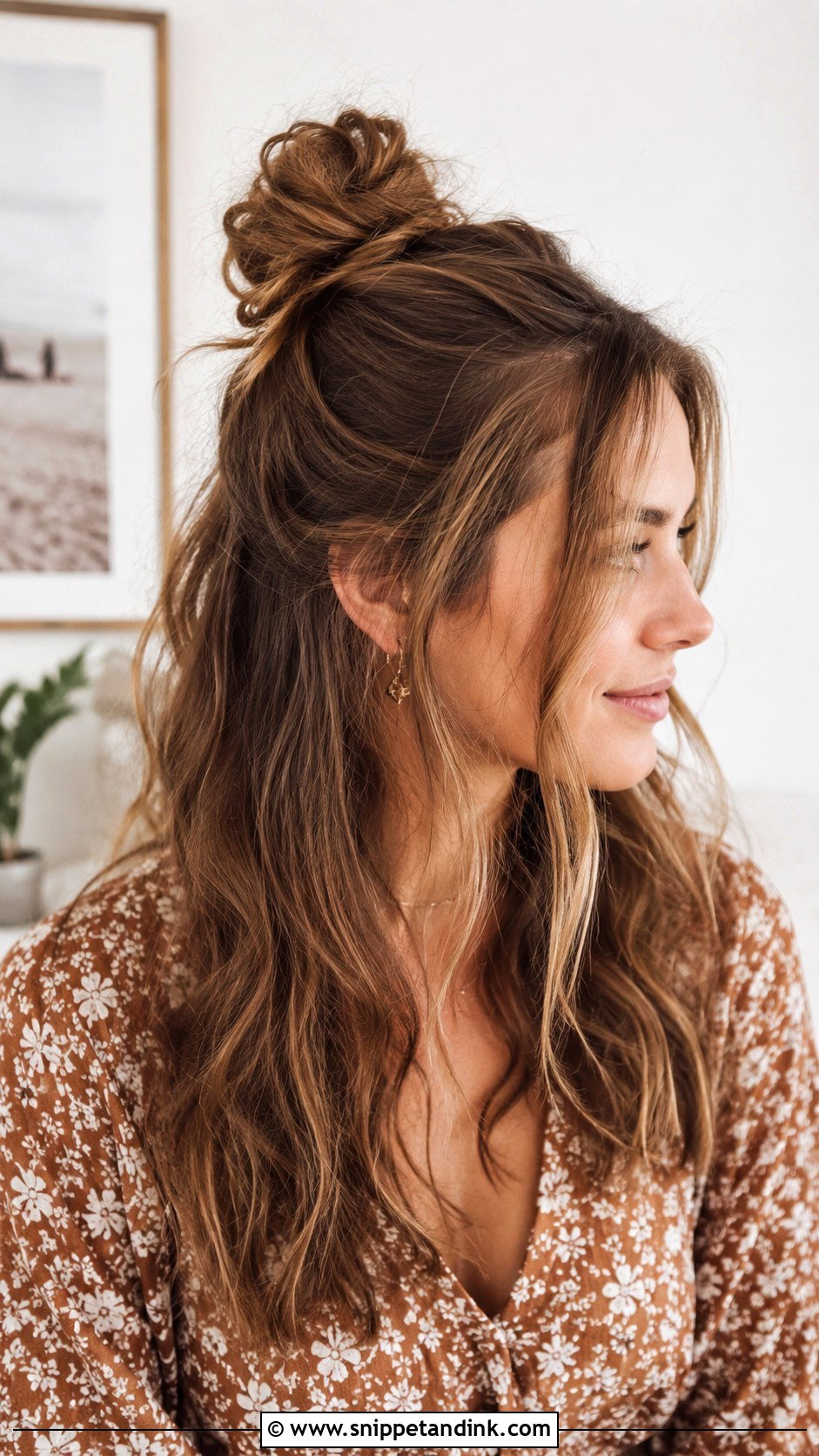 Half Up Messy Bun - Snippet and Ink - 20 Easy Half-Up Wedding Guest Hairstyles