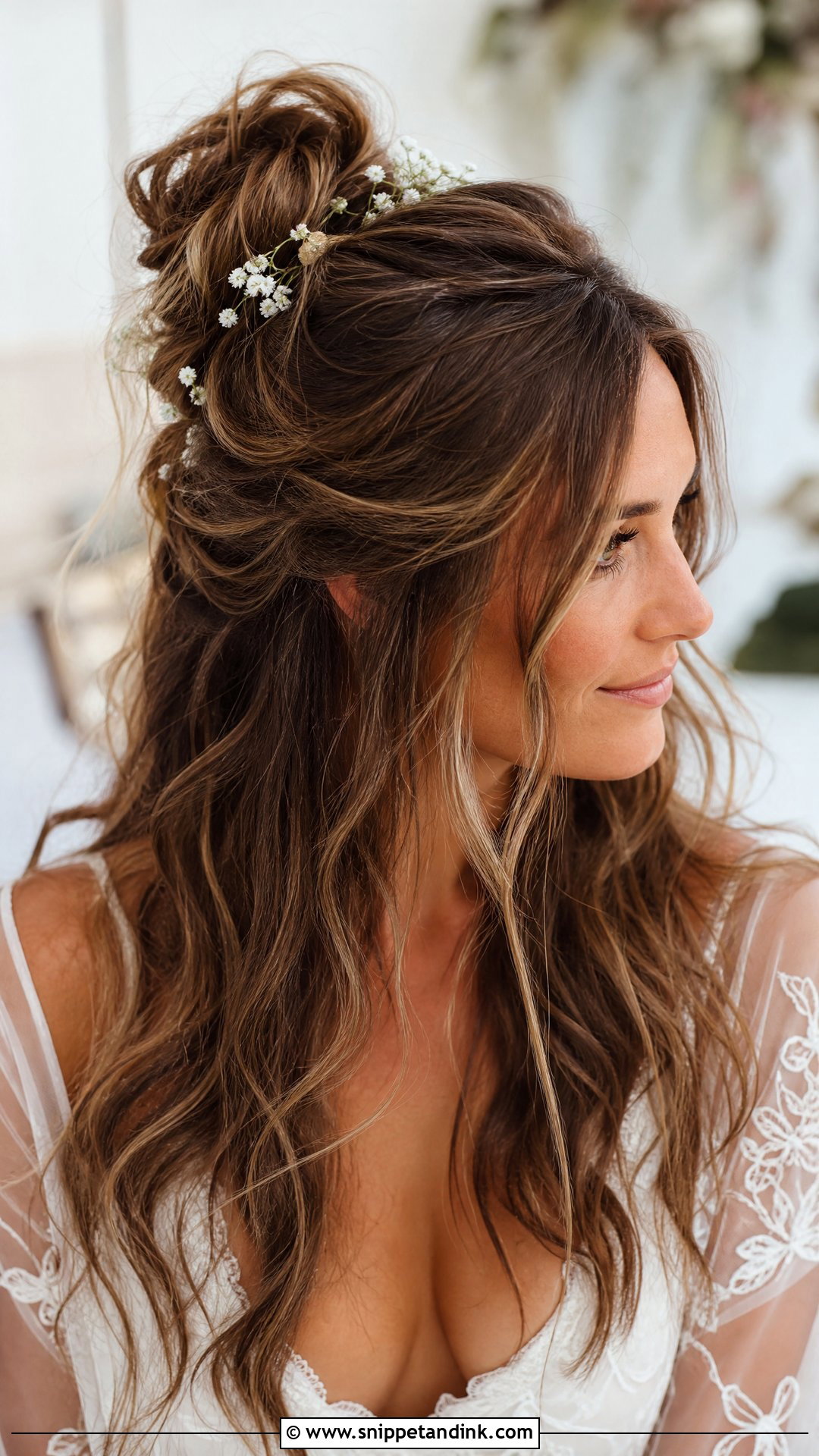 Half Up Messy Bun - Snippet and Ink - 35 Half-Up Bridal Hair Ideas