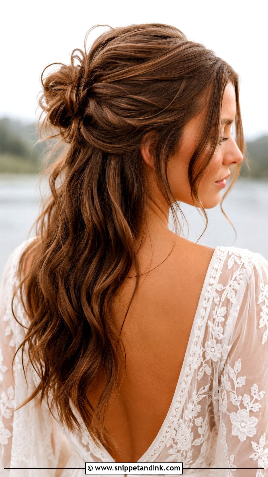 Half Up Messy Bun Bridal Hairstyle - Snippet and Ink - 25 Medium Length Half-Up Half-Down Wedding Hairstyles