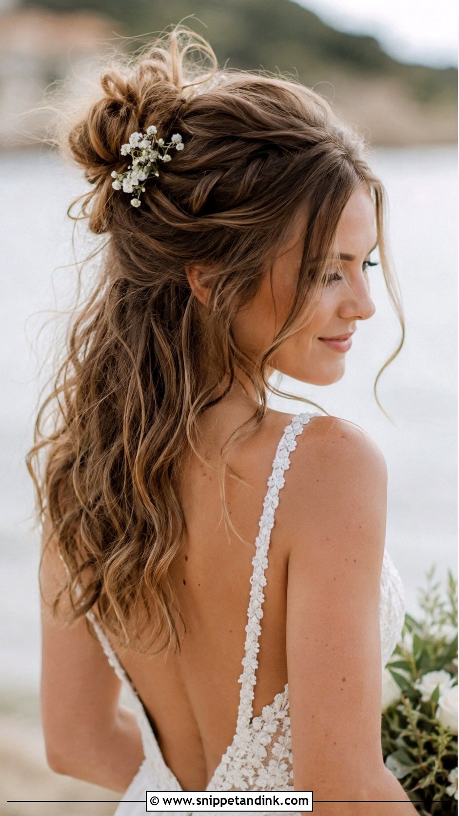 Half Up Messy Bun Bridal Look - Snippet and Ink - 20 Half-Up Wedding Hair for Bride Ideas