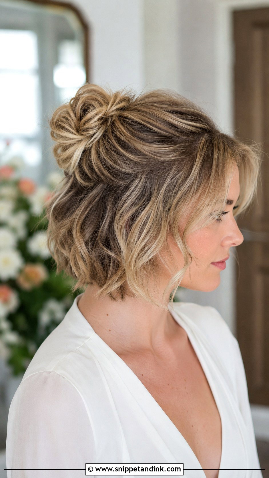 Half Up Messy Bun For Short Hair Wedding - Snippet and Ink - 15 Messy Bun for Short Hair Wedding Ideas