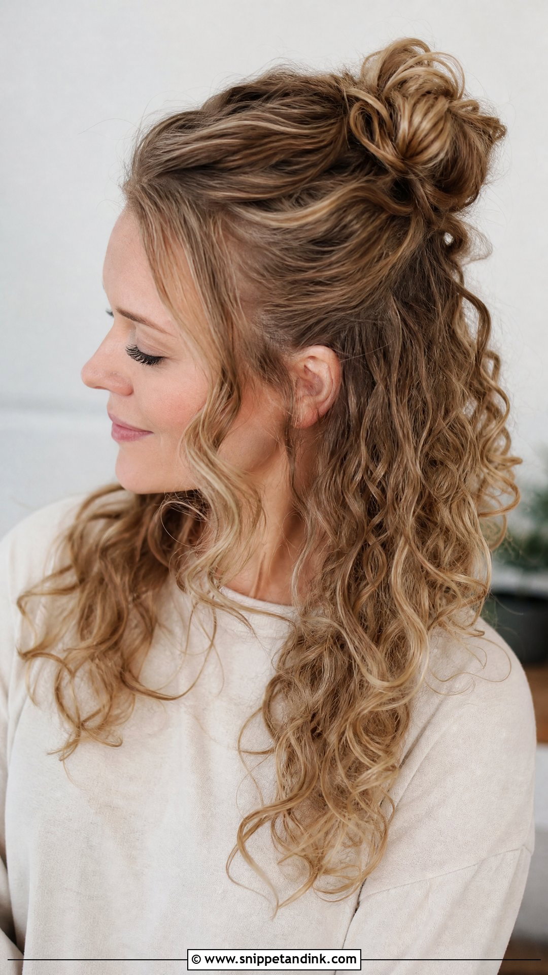 Half Up Messy Bun With Curls - Snippet and Ink - 20 Romantic Half-Up Half-Down Ideas