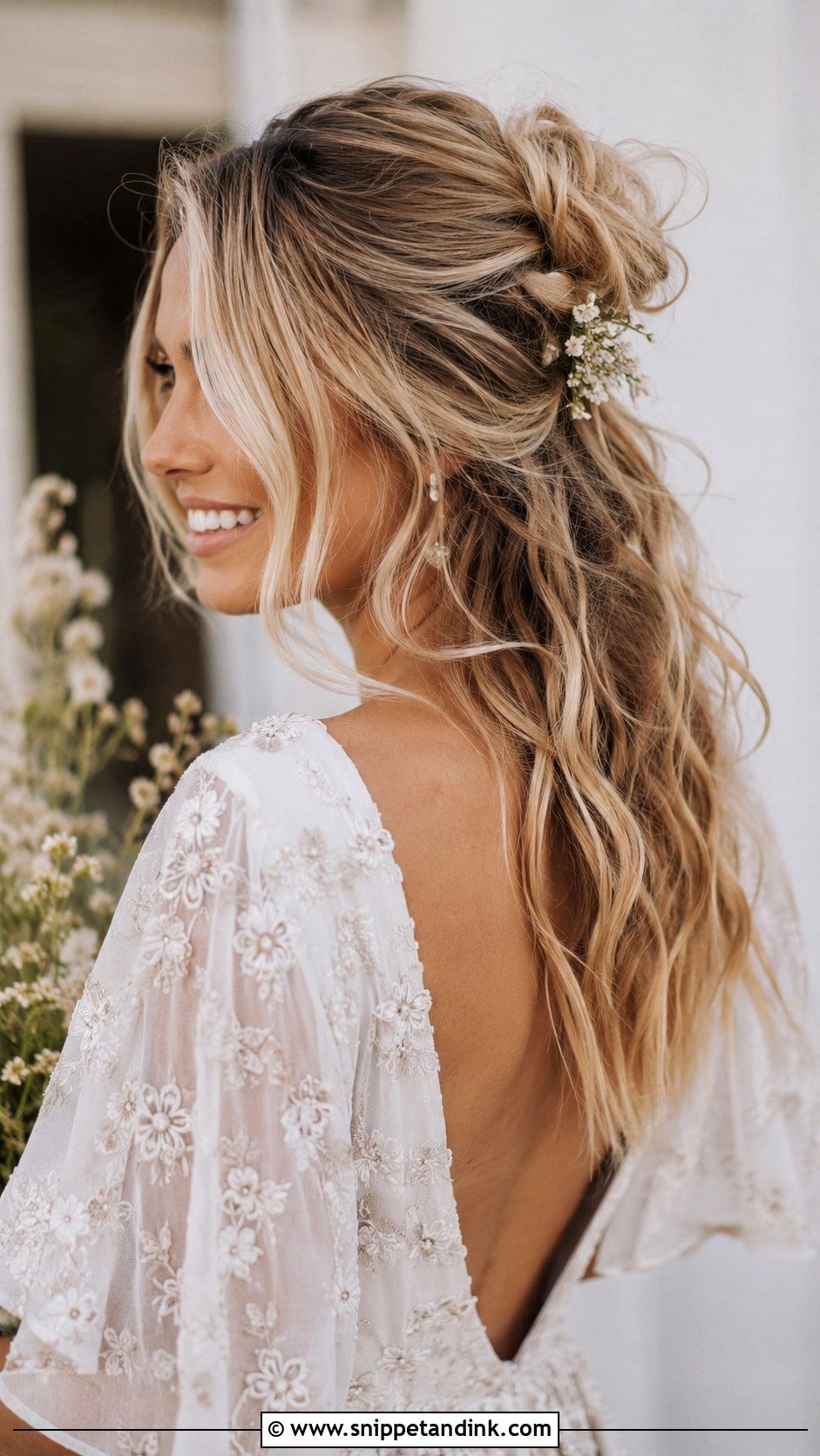 Half Up Messy Bun With Waves - Snippet and Ink - 20 Medium Length Wedding Half-Up Half-Down Ideas