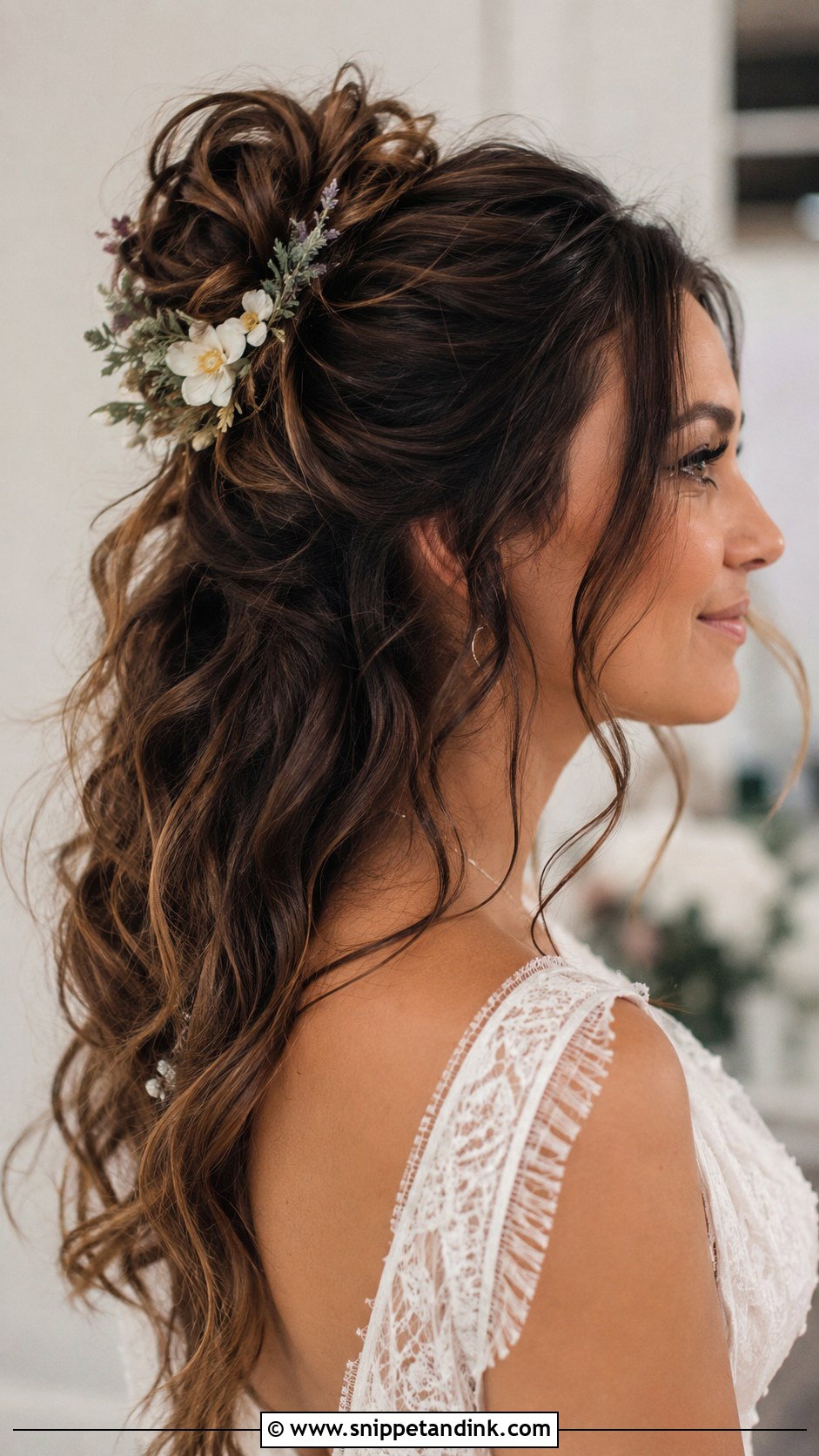 Half Up Messy Bun for Brunette Brides - Snippet and Ink - 20 Brunette Half-Up Bridal Hair Ideas