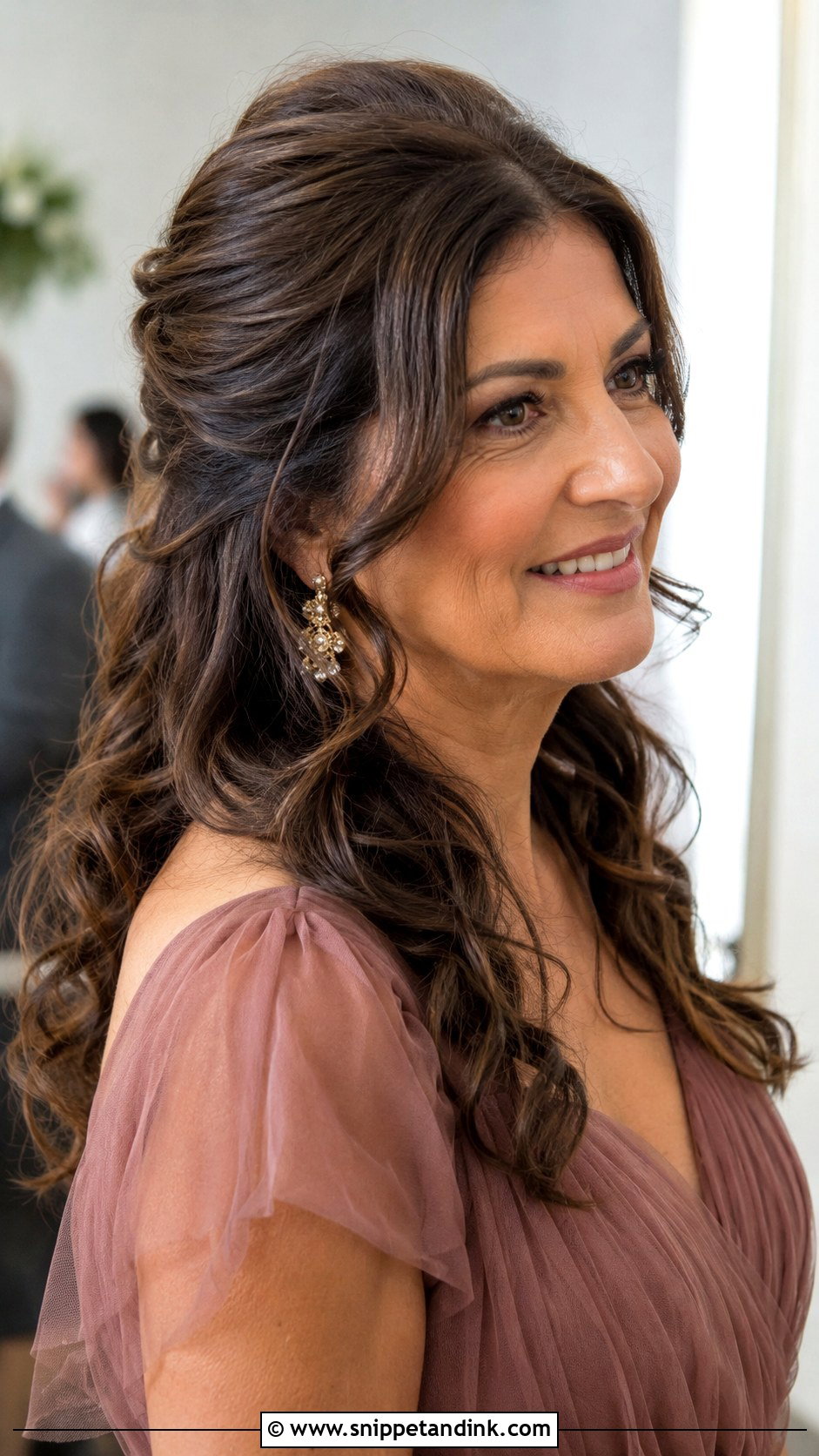 Half Up Mother Of Groom Hairstyle With Loose Curls - Snippet and Ink - 15 Half-Up Mother of Groom Hairstyles