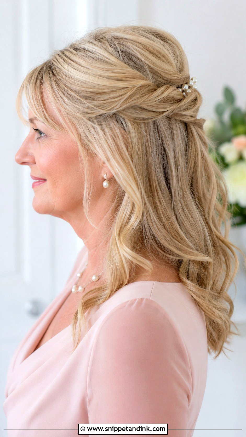Half Up Mother Of Groom Hairstyle With Pearl Pins - Snippet and Ink - 15 Half-Up Mother of Groom Hairstyles