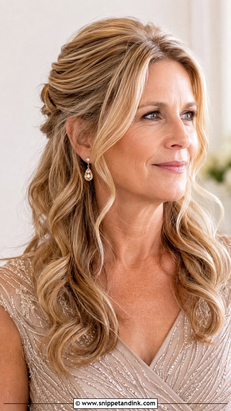 Half Up Mother Of Groom Hairstyle With Soft Waves - Snippet and Ink - 15 Half-Up Mother of Groom Hairstyles