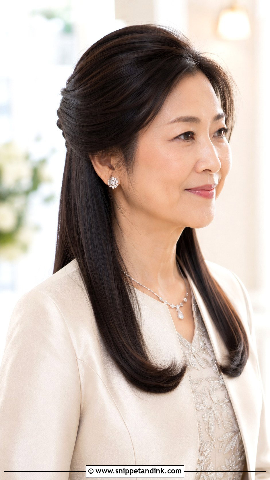 Half Up Mother Of Groom Hairstyle With Straight Hair - Snippet and Ink - 15 Half-Up Mother of Groom Hairstyles