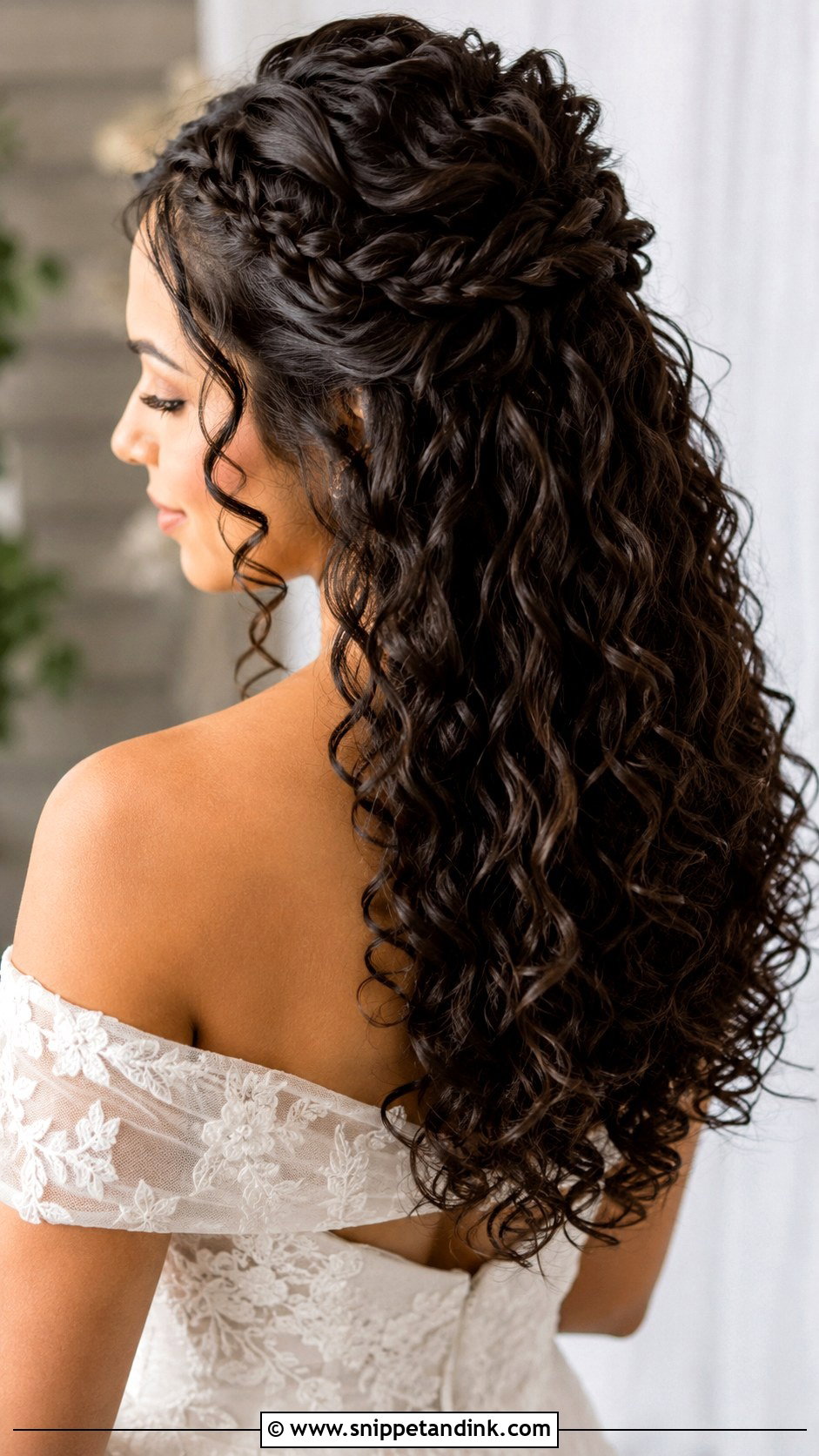 Half Up Natural Curly Wedding Hair With Braided Crown - Snippet and Ink - 15 Half-Up Natural Curly Wedding Hairstyles