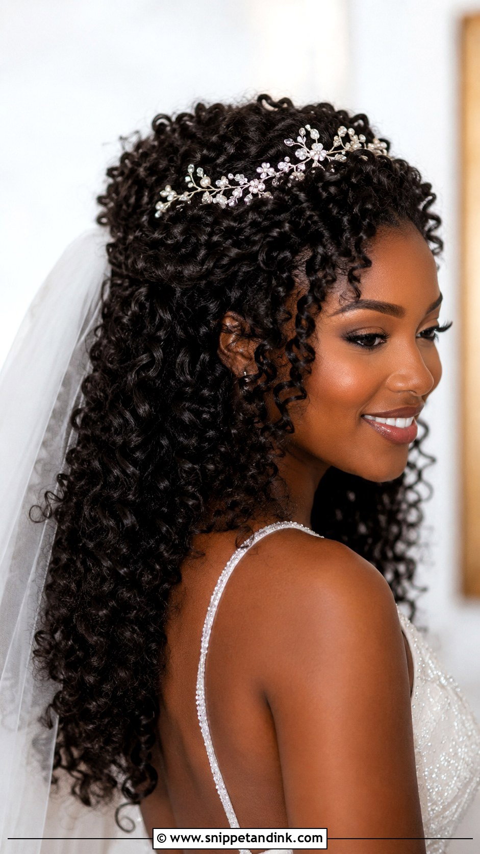 Half Up Natural Curly Wedding Hair With Hair Vine - Snippet and Ink - 15 Half-Up Natural Curly Wedding Hairstyles