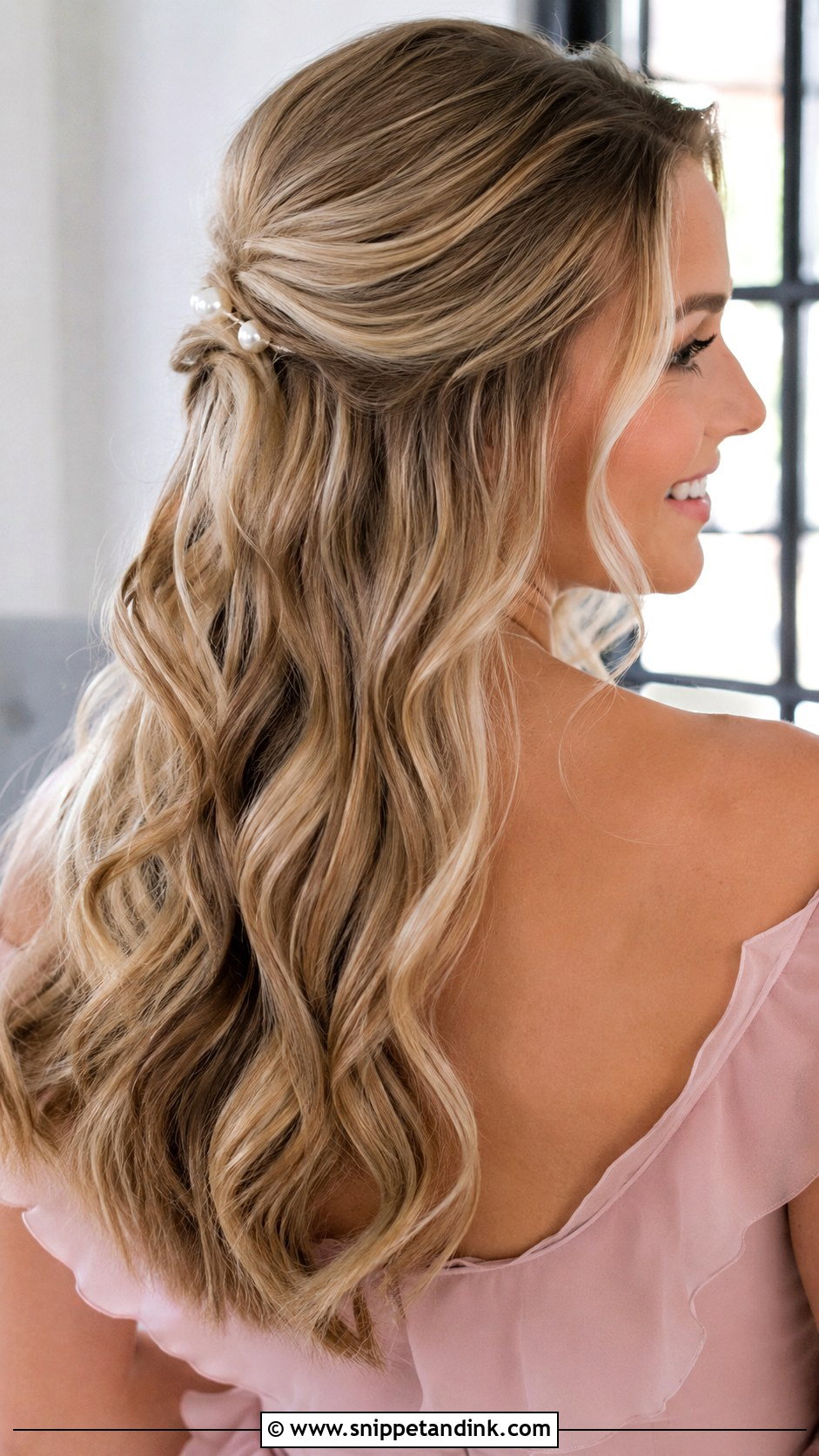 Half Up Pearl Clip Hairstyle For Long Hair - Snippet and Ink - 20 Half-Up Wedding Guest Hairstyles for Long Hair