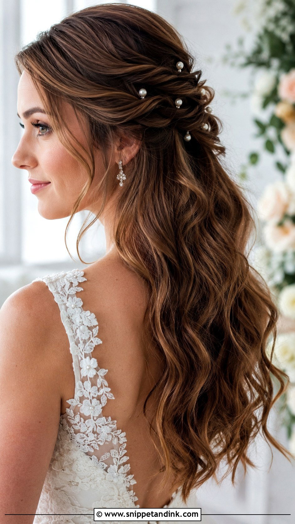 Half Up Pearl Embellished Style - Snippet and Ink - 25 Medium Length Half-Up Bridal Hair Ideas