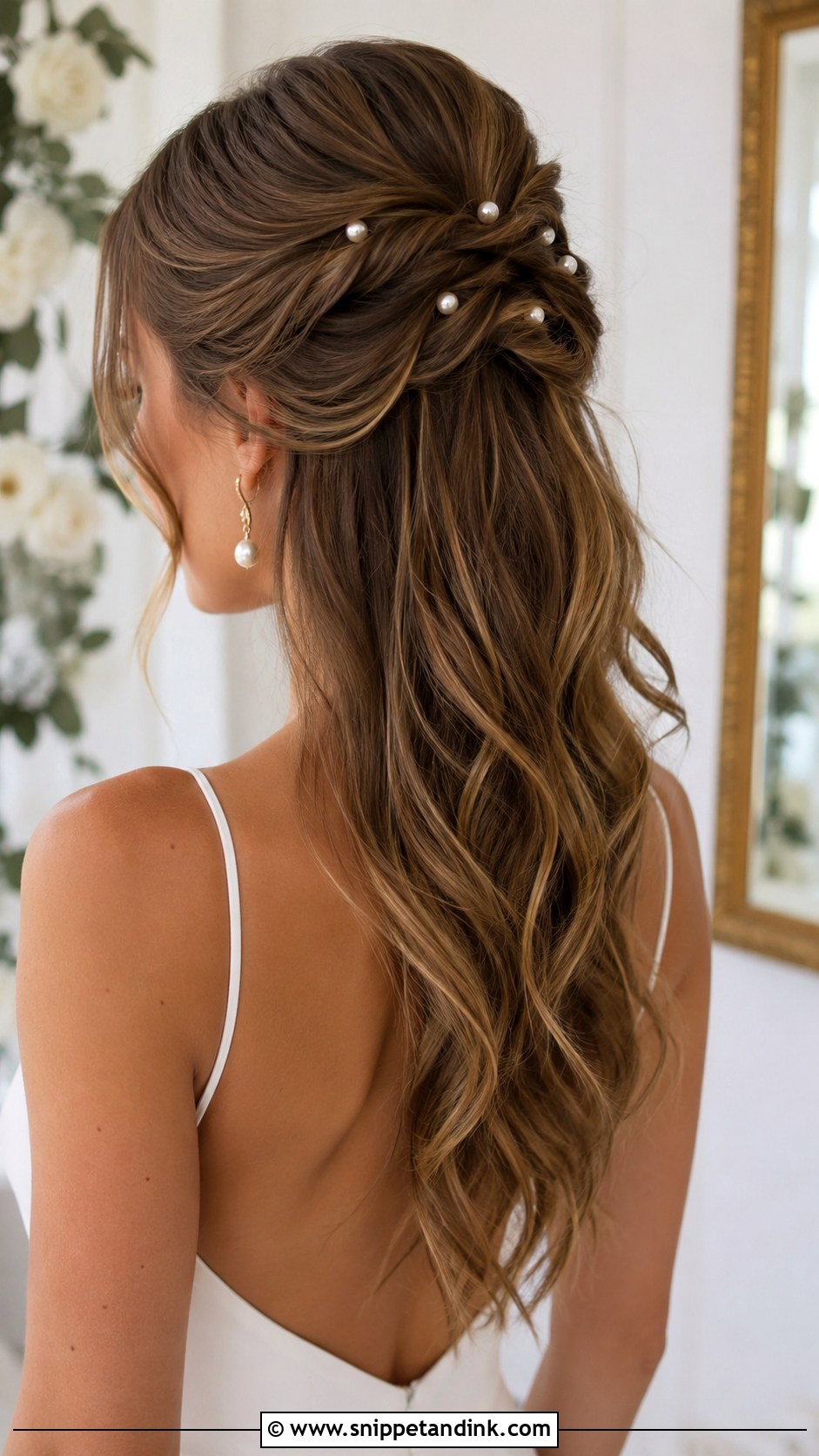 Half Up Pearl Pin Wedding Hair - Snippet and Ink - 25 Romantic Half-Up Wedding Hair Ideas