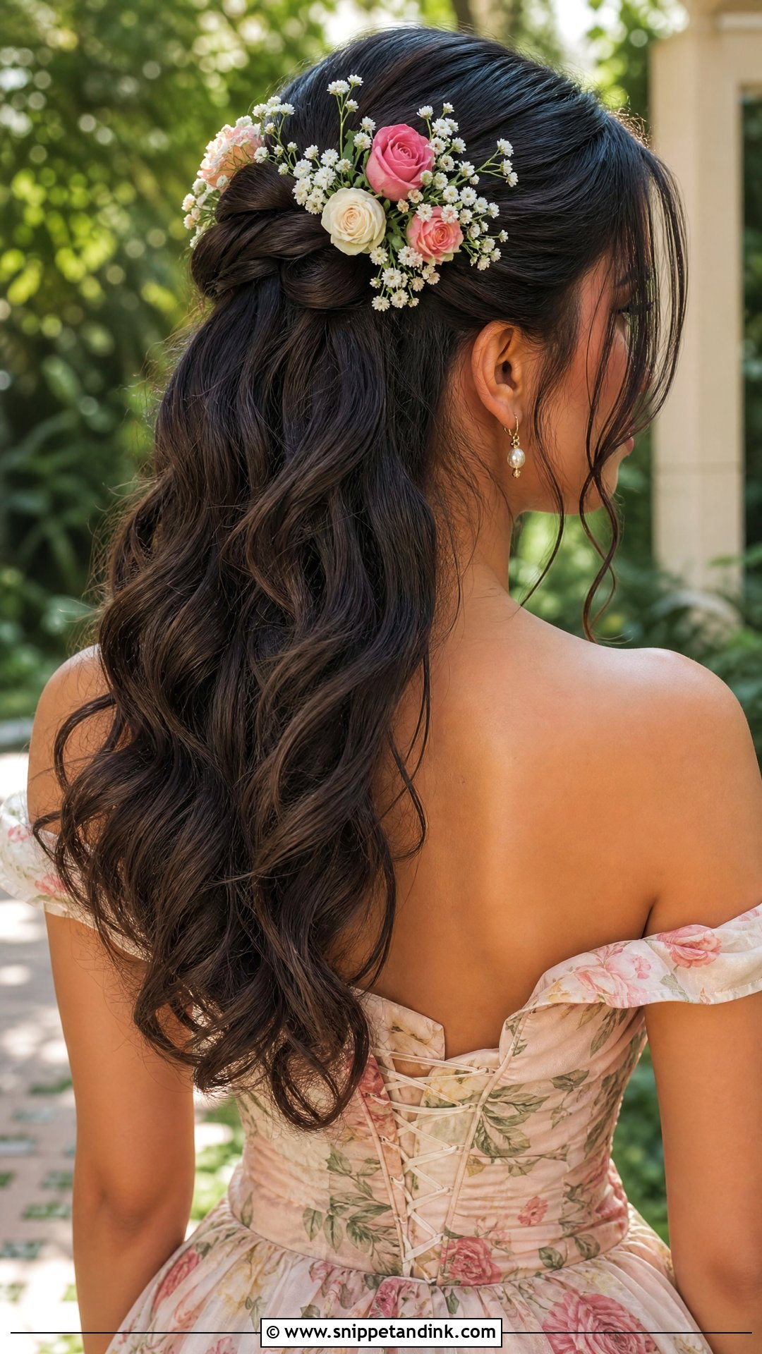 Half Up Ponytail With Floral Accessories - Snippet and Ink - 20 Half-Up Ponytail Wedding Ideas