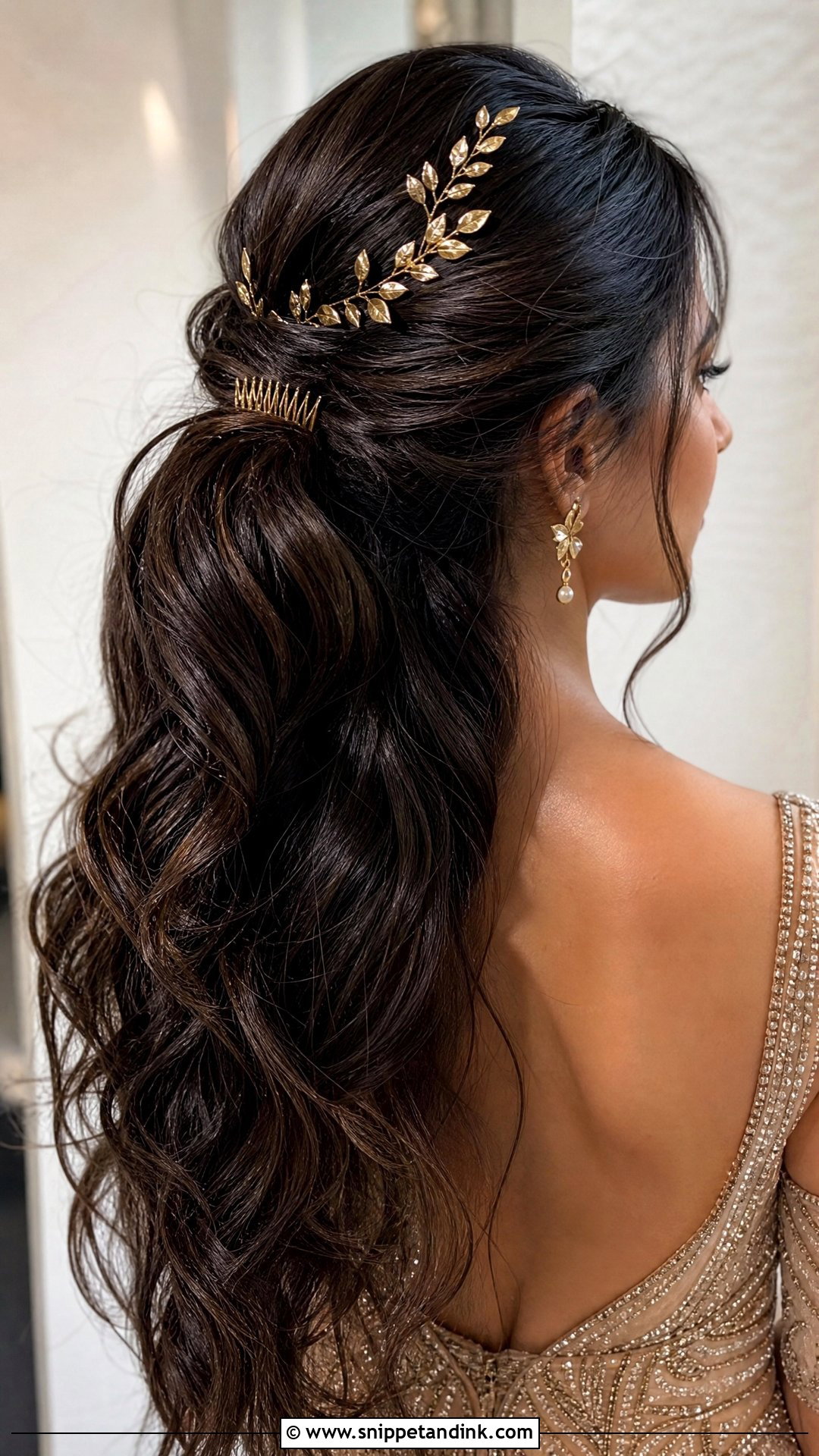 Half Up Ponytail With Gold Accessories - Snippet and Ink - 20 Half-Up Ponytail Wedding Ideas
