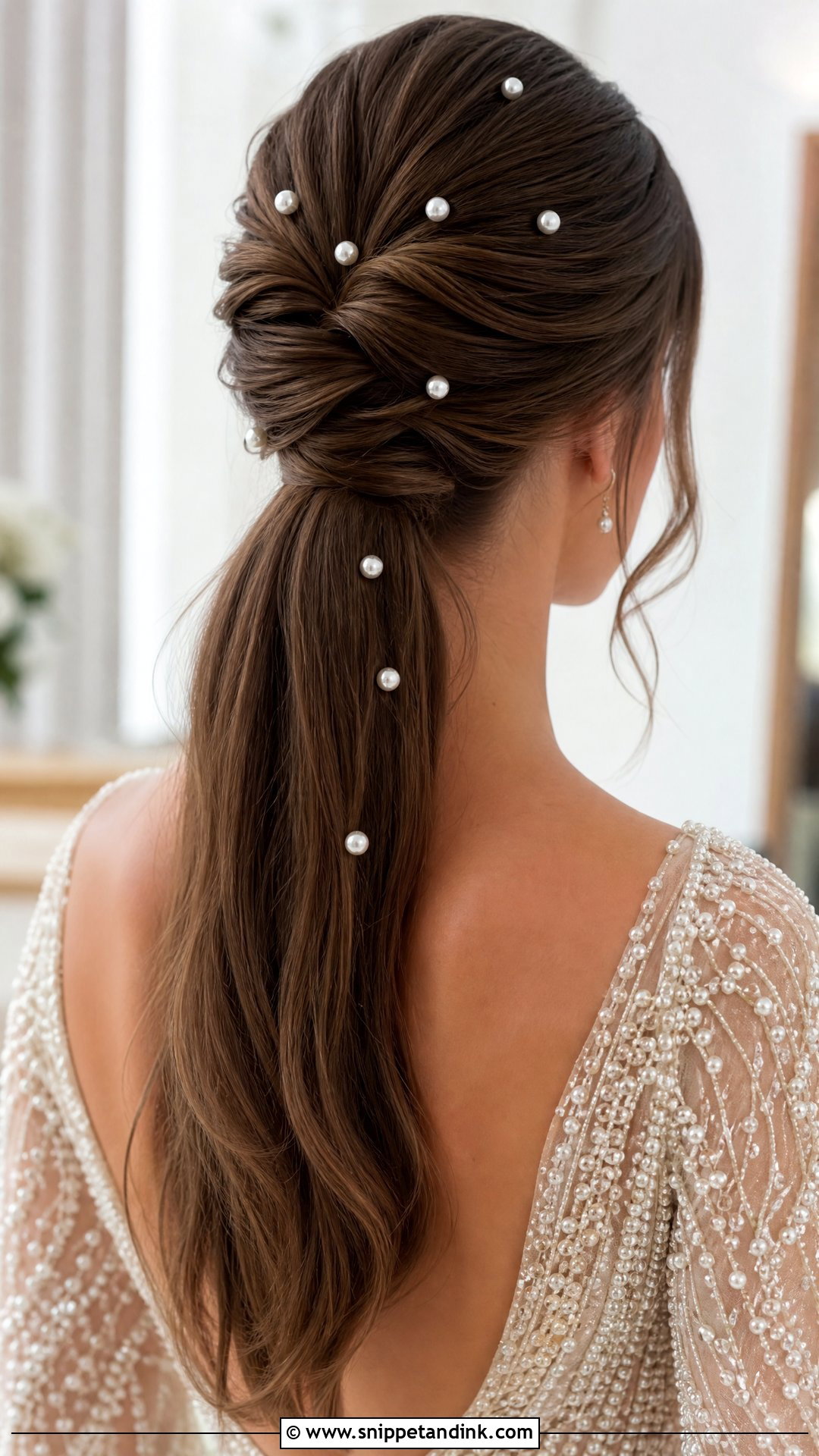Half Up Ponytail With Pearl Accessories - Snippet and Ink - 20 Half-Up Ponytail Wedding Ideas