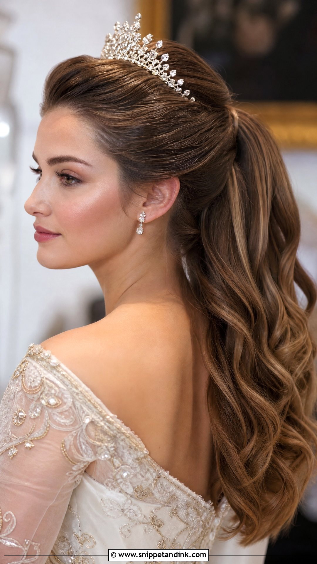 Half Up Ponytail With Tiara or Crown - Snippet and Ink - 20 Half-Up Ponytail Wedding Ideas