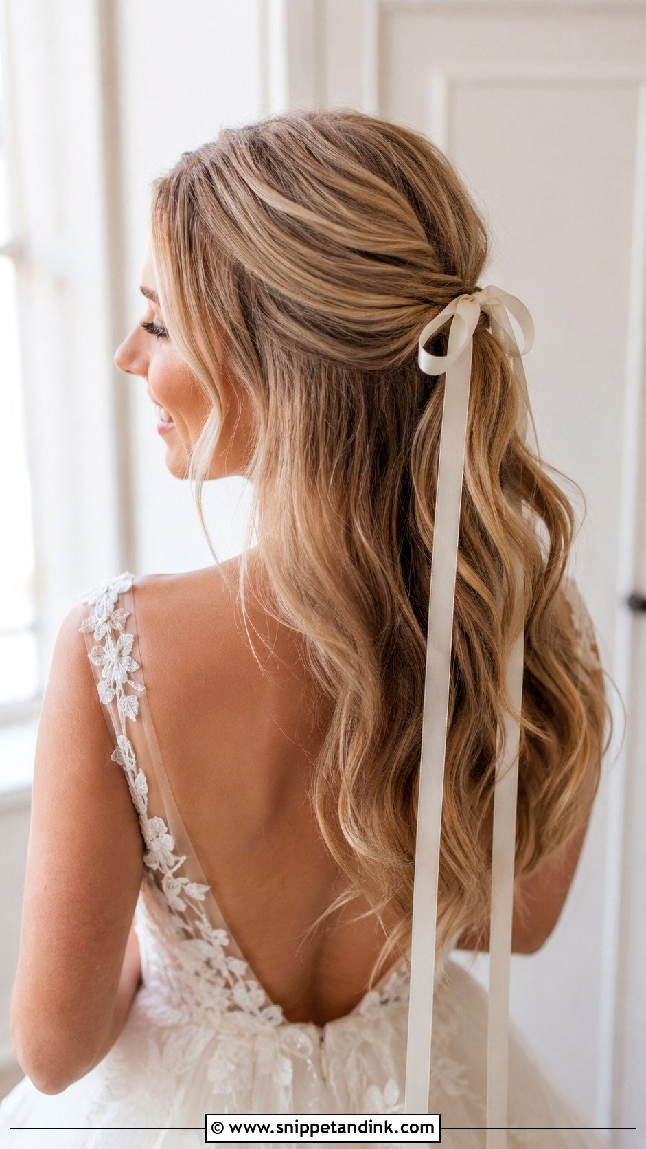 Half Up Ponytail With Trailing Ribbon Bow - Snippet and Ink - 20 Half-Up Half-Down Wedding Hair with Bow Ideas