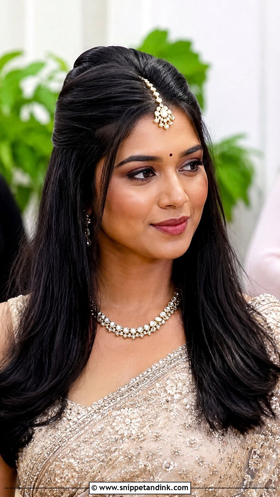 Half Up Puff With Maang Tikka - Snippet and Ink - 25 Easy Simple Medium Length Hair Hairstyles for Indian Weddings