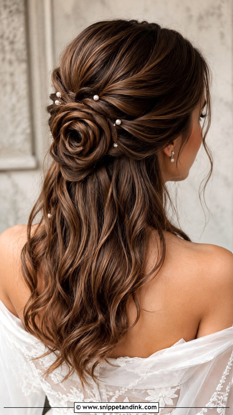 Half Up Rose Bun Style - Snippet and Ink - 25 Half-Up Long Hair Wedding Styles