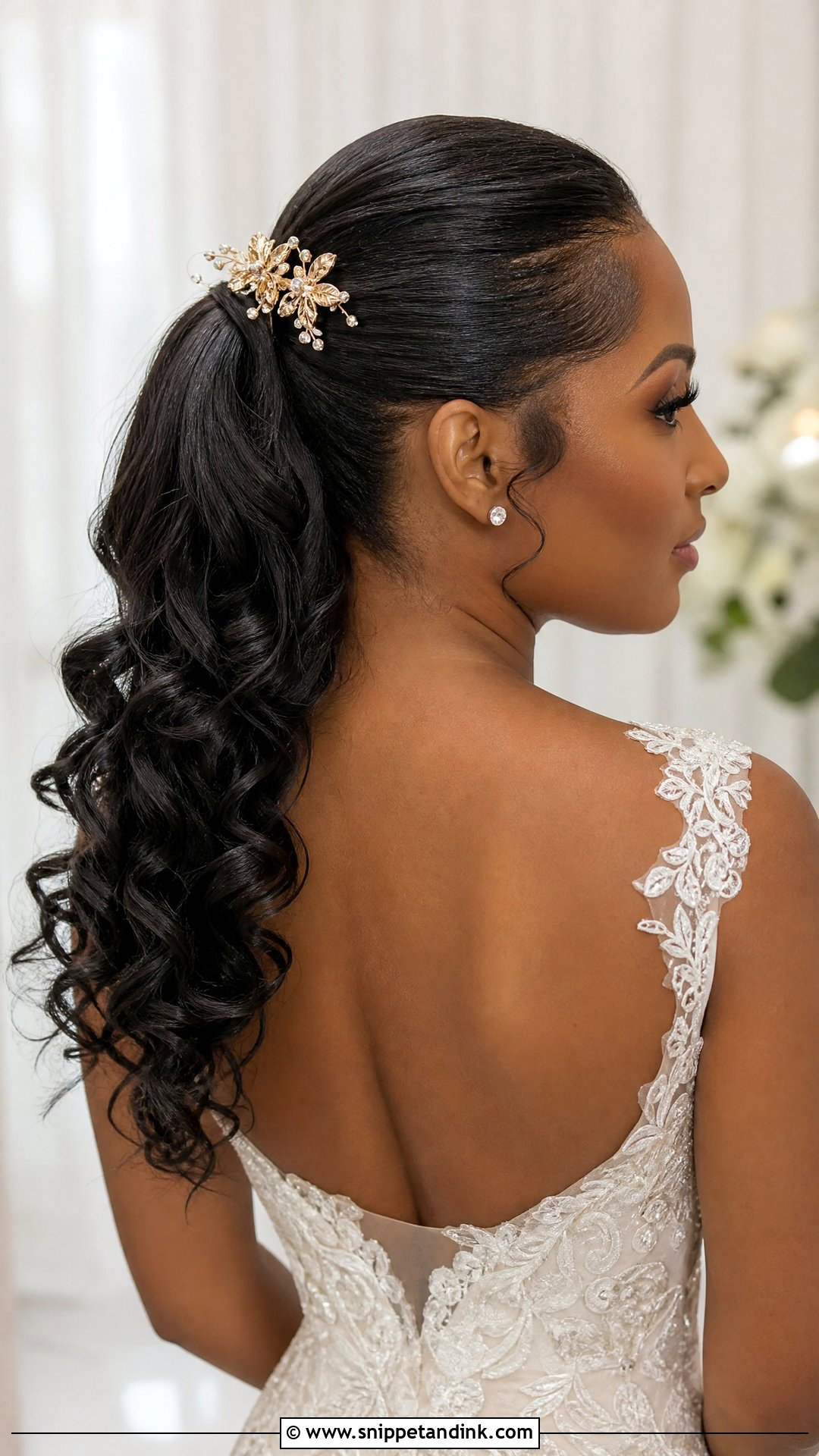 Half Up Sleek Ponytail With Curls - Snippet and Ink - 20 Black Half-Up Half-Down Wedding Hair Ideas