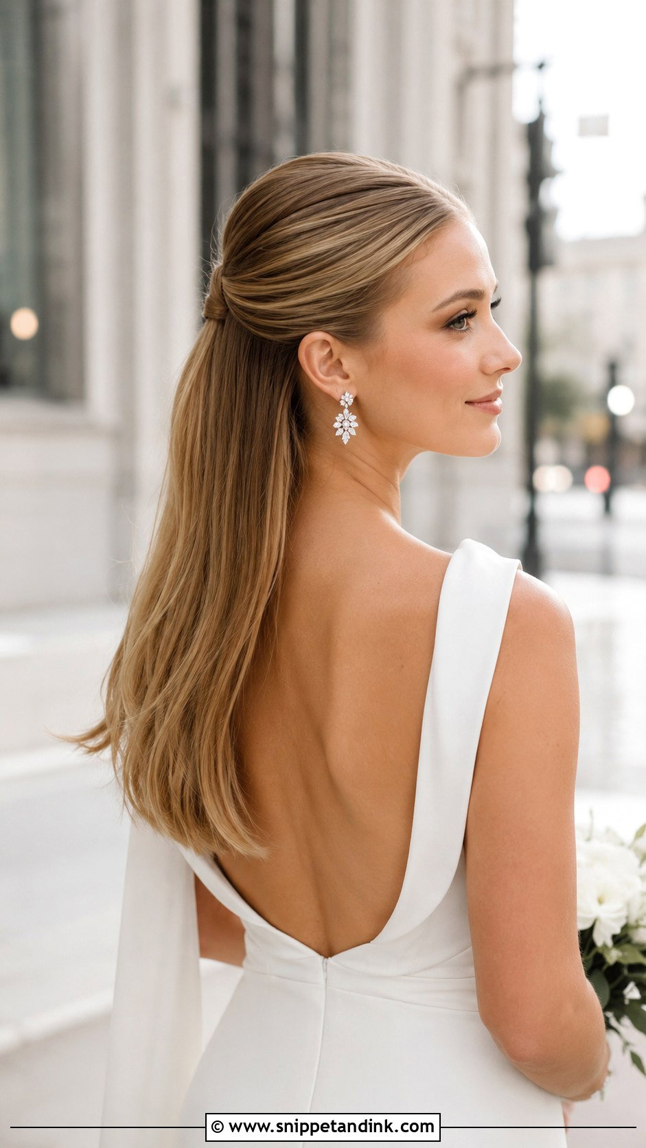 Half Up Sleek Ponytail - Snippet and Ink - 25 Medium Length Half-Up Bridal Hair Ideas