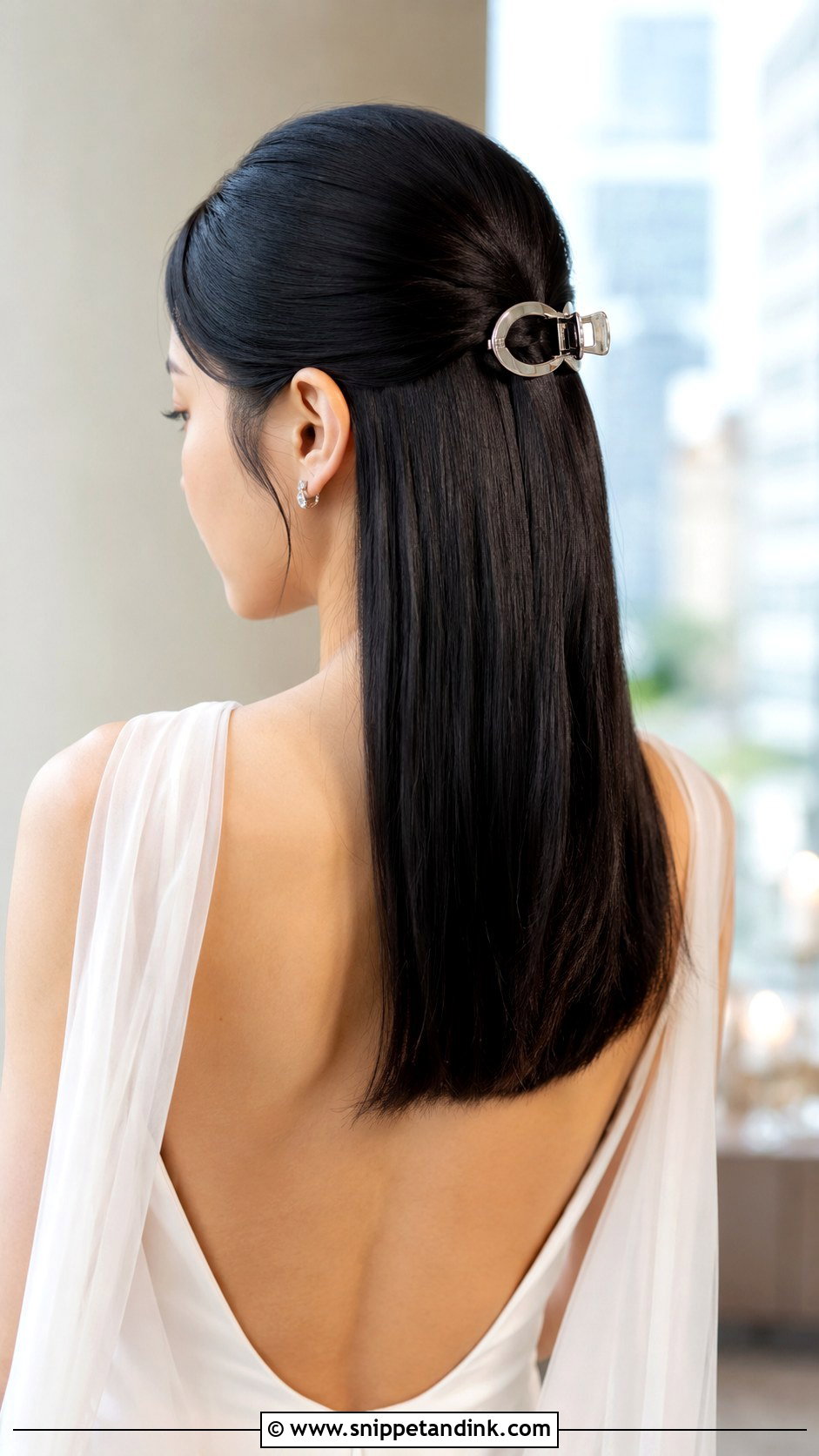Half Up Sleek Style - Snippet and Ink - 20 Simple Shoulder Length Medium Half-Up Wedding Guest Hairstyles