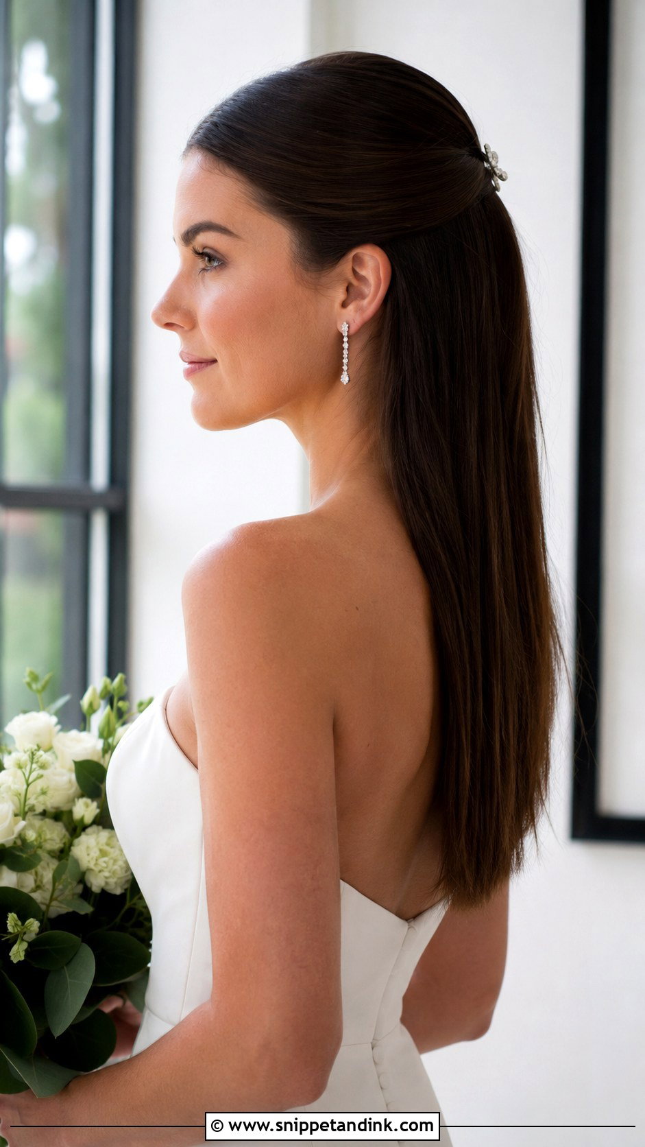 Half Up Sleek and Straight - Snippet and Ink - 25 Medium Length Half-Up Bridal Hair Ideas