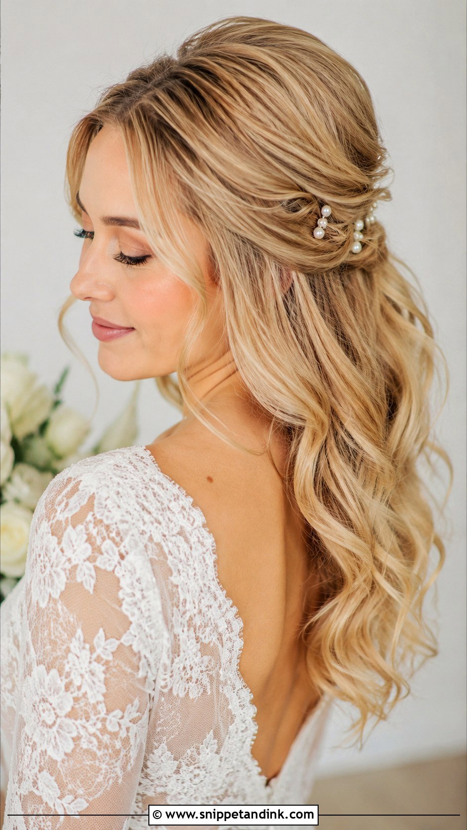 Half Up Soft Waves With Pearl Pins - Snippet and Ink - 25 Soft Waves Wedding Hair