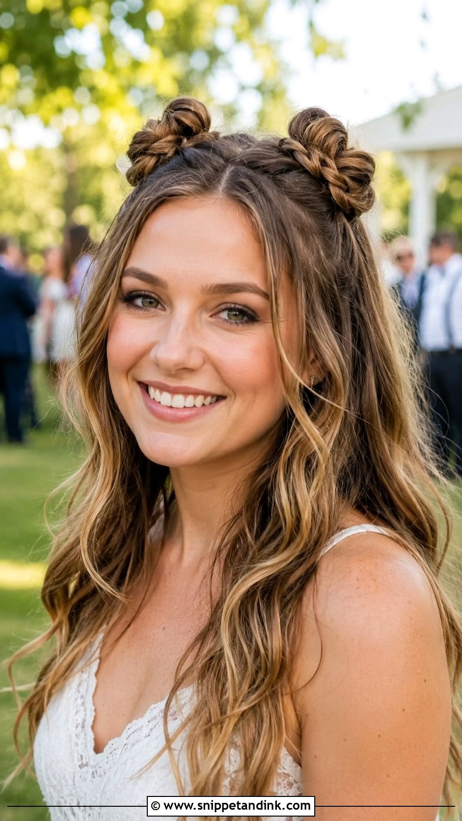 Half Up Space Buns - Snippet and Ink - 20 Medium Half-Up Wedding Guest Hairstyles
