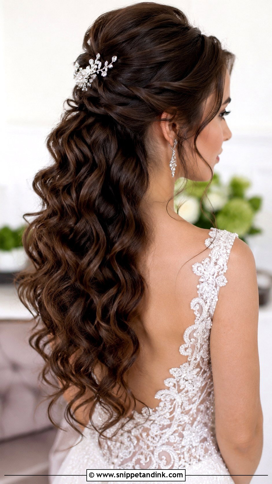 Half Up Style With Cascading Curls - Snippet and Ink - 20 Brunette Bridal Half-Up Half-Down Hair Ideas