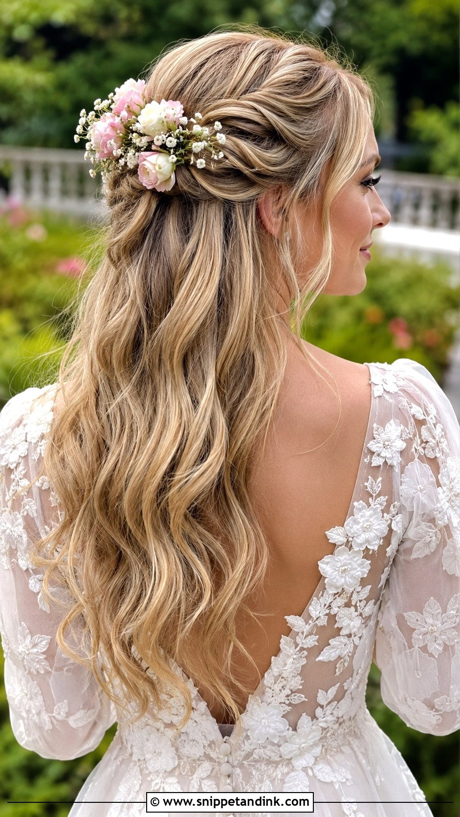 Half Up Style With Fresh Flowers - Snippet and Ink - 25 Half-Up Long Hair Wedding Styles