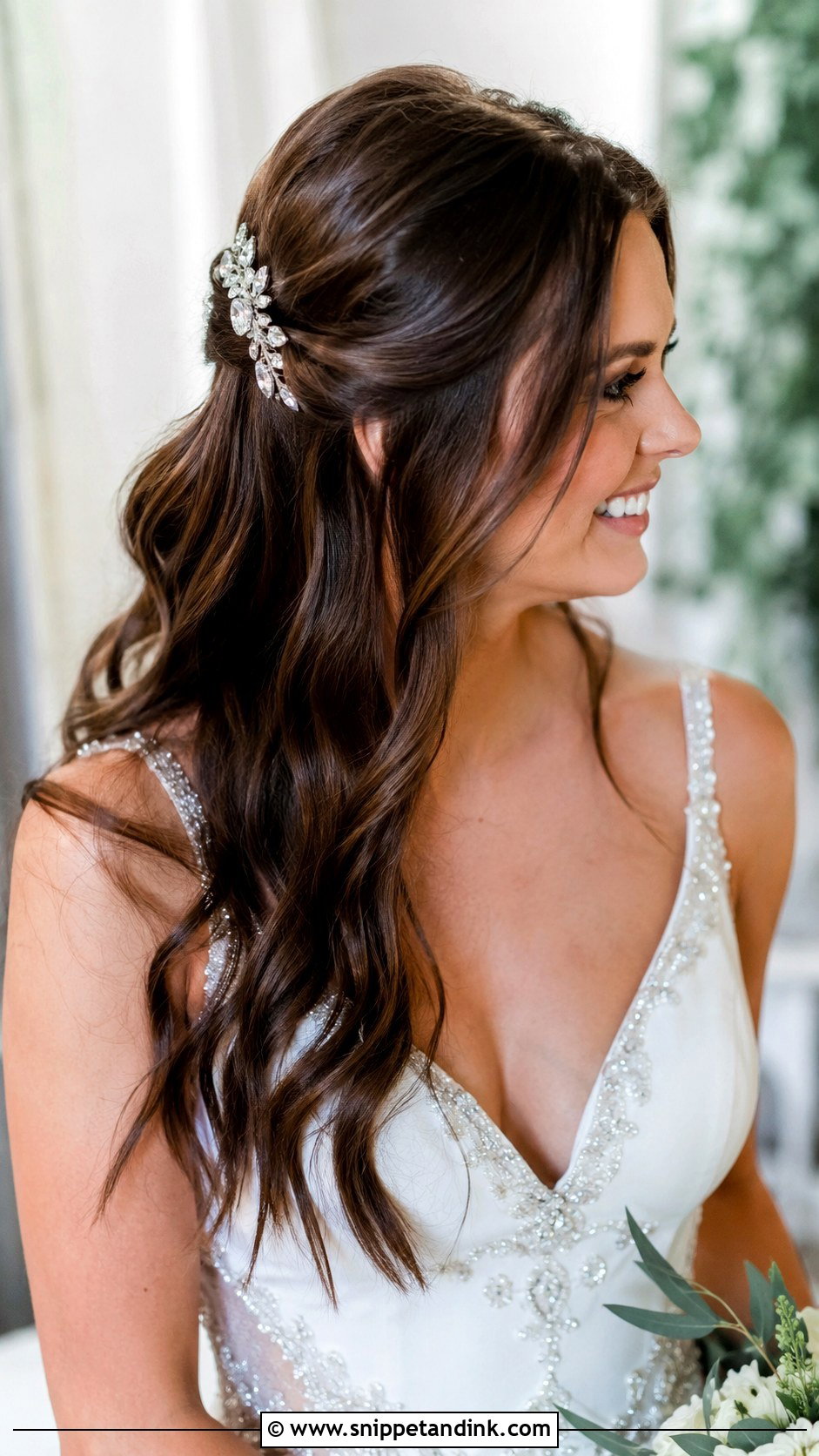 Half Up Style With Hair Accessories - Snippet and Ink - 20 Brunette Bridal Half-Up Half-Down Hair Ideas