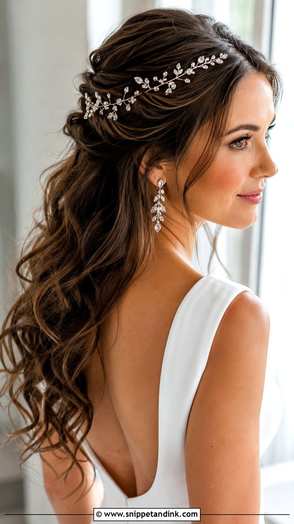 Half Up Style With Hair Vine Accent - Snippet and Ink - 20 Medium Length Wedding Half-Up Half-Down Ideas