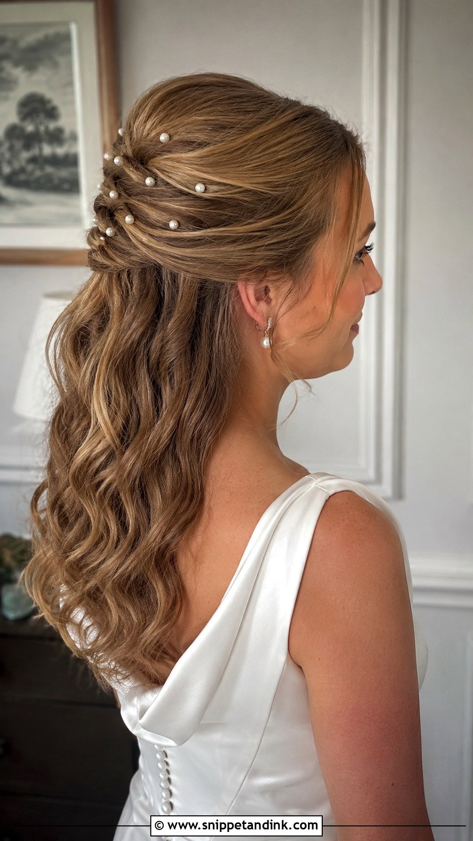 Half Up Style With Pearl Pins - Snippet and Ink - 25 Half-Up Long Hair Wedding Styles