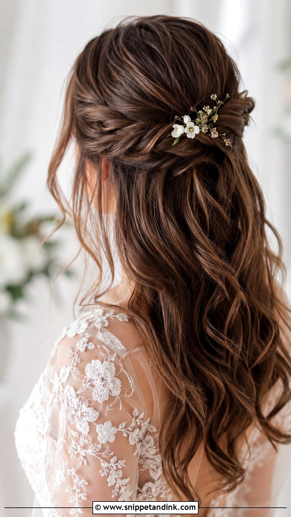 Half Up Style With Twisted Crown - Snippet and Ink - 20 Brunette Bridal Half-Up Half-Down Hair Ideas