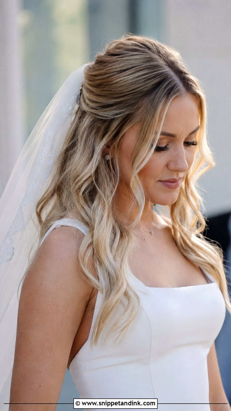 Half Up Style With Veil - Snippet and Ink - 25 Half-Up Long Hair Wedding Styles
