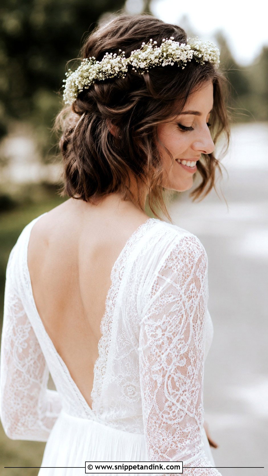 Half Up Style with Flower Crown - Snippet and Ink - 25 Half-Up Short Hair Wedding Ideas