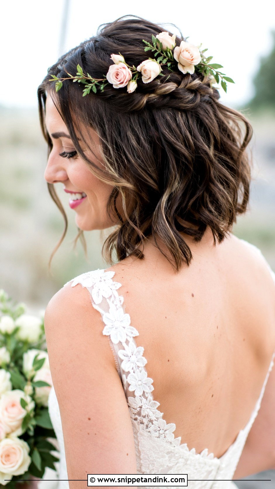 Half Up Style with Fresh Roses - Snippet and Ink - 25 Half-Up Short Hair Wedding Ideas